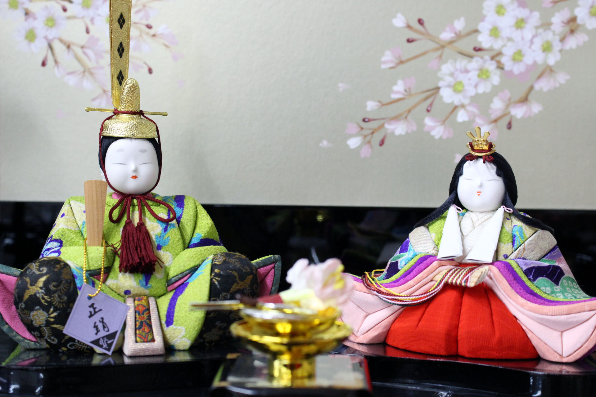 雛人形 おひなさま 木目込み 鈴木賢一 以和喜 時代裂 黄緑鳥柄 紫桜柄