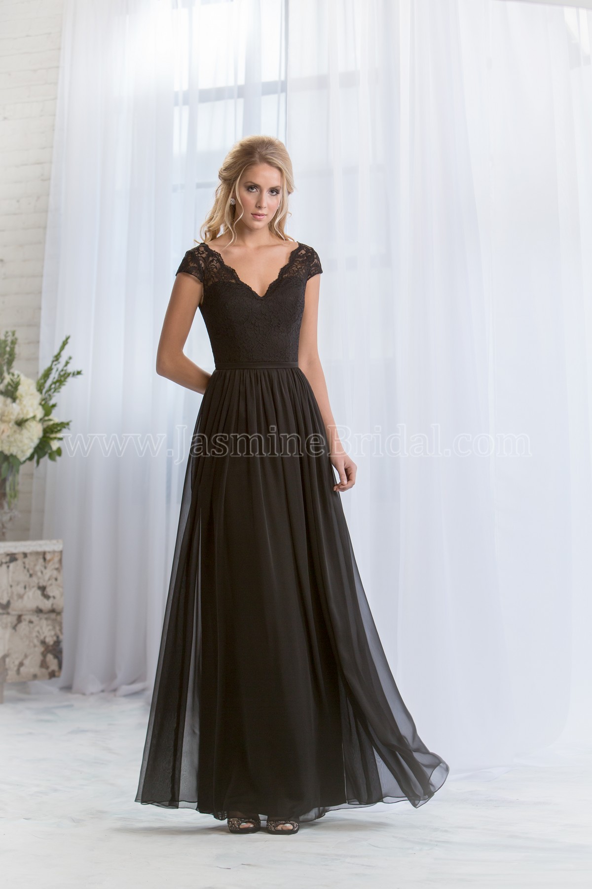 L164068 Long V-neck Lace & Belsoie Tiffany Chiffon Bridesmaid Dress