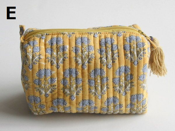 ポーチ ブロックプリント マチ付き キルティングポーチ Mサイズ インド