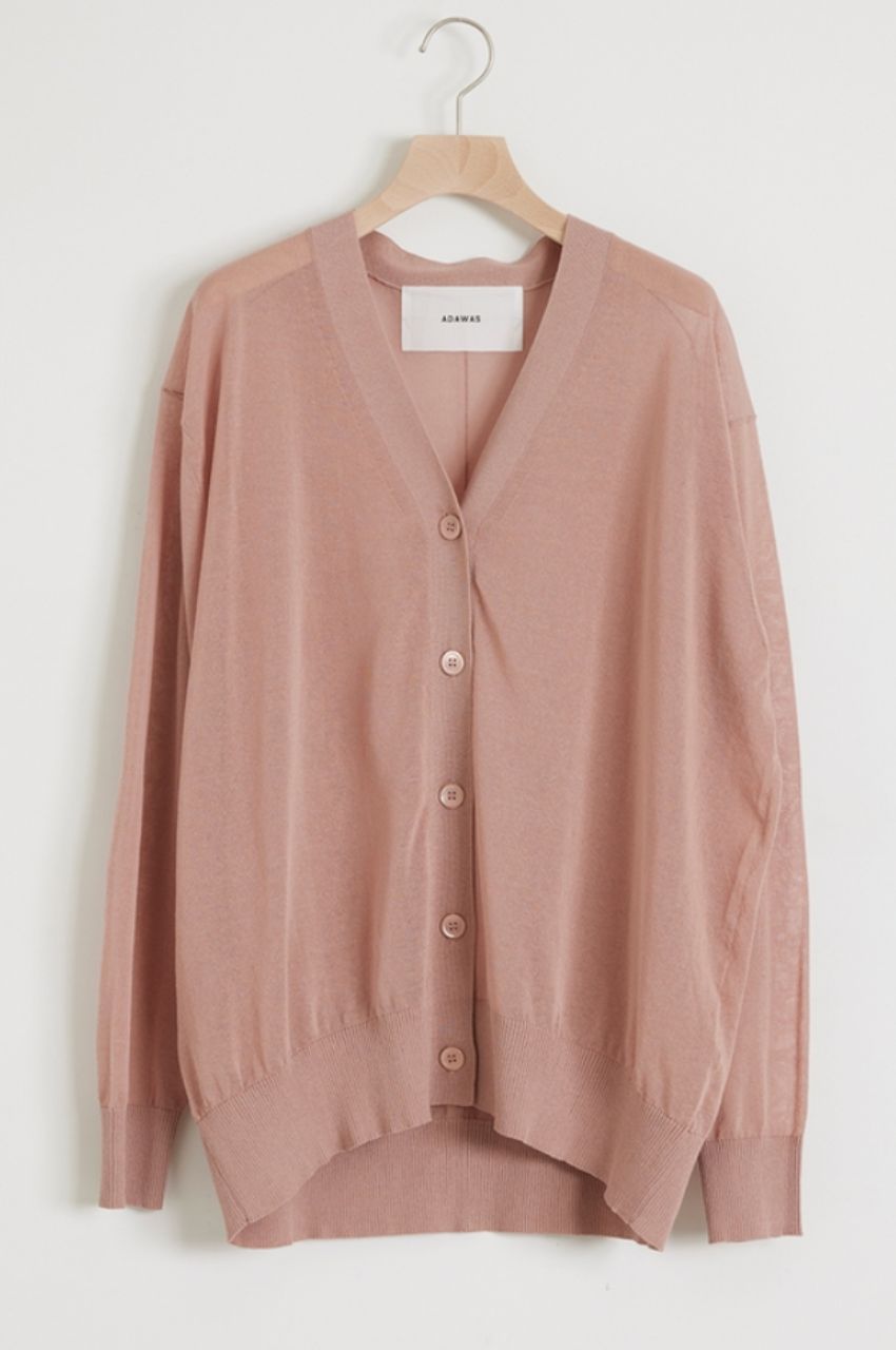 ADAWAS - シアーニットカーディガン (ピンク) コットン / ゆったりめ