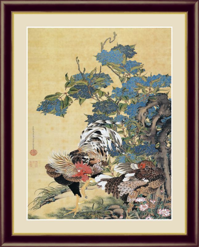 アート額絵 伊藤若冲 F6サイズ 紫陽花双鶏図 - リベルタヴィラ 本店