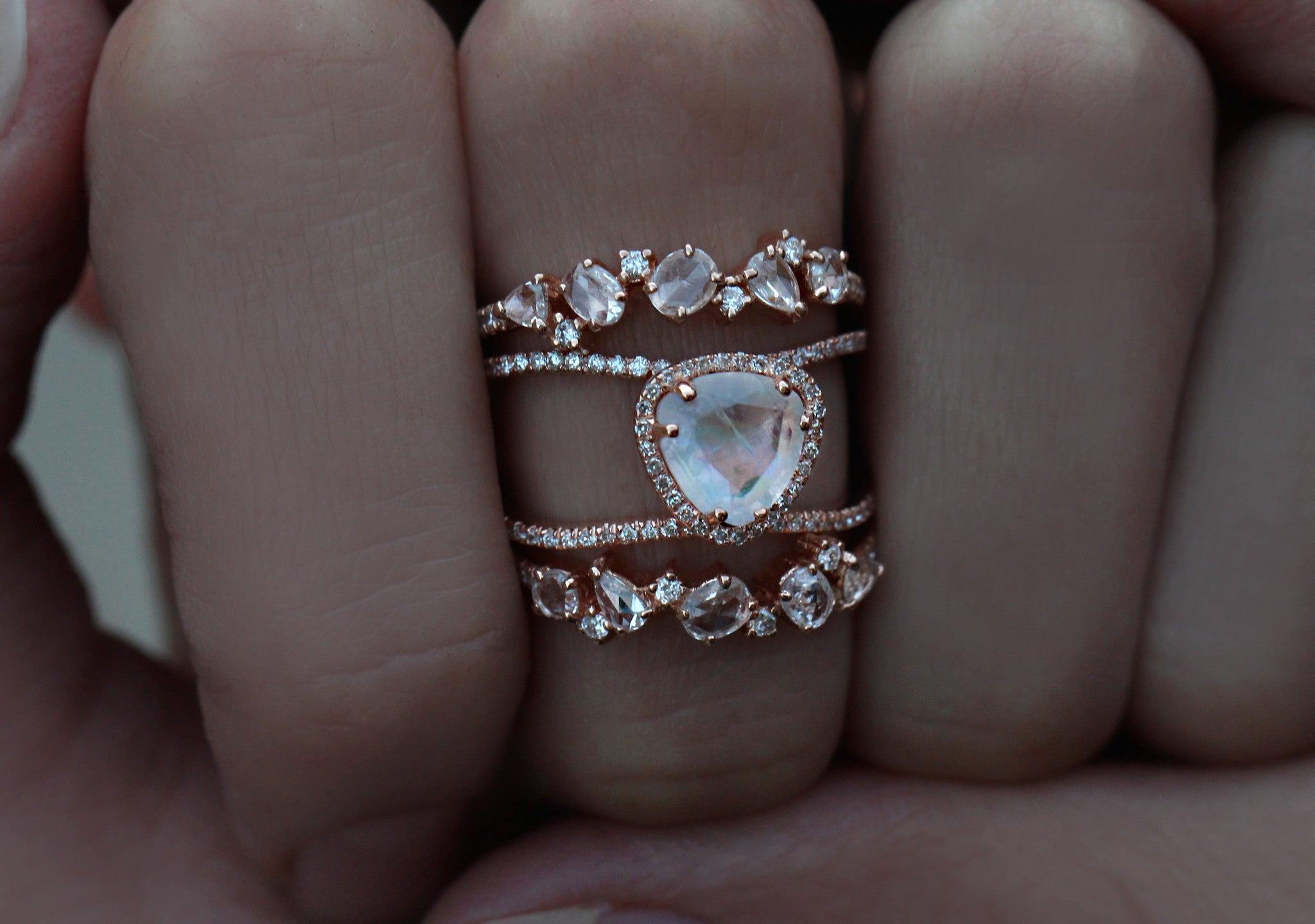 14kt gold and diamond Petite Triangle Double Band Moonstone ring