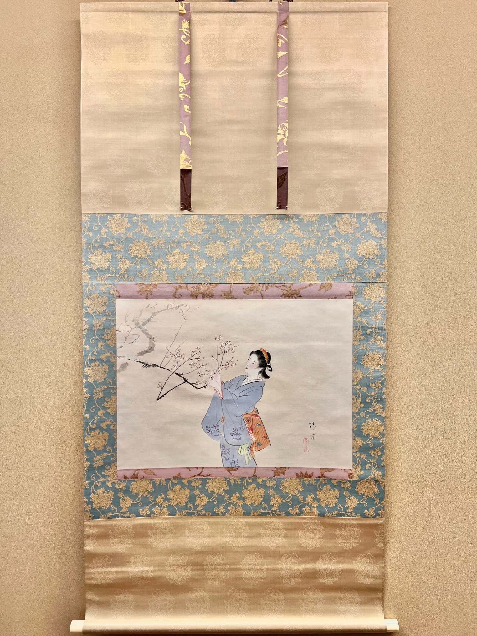 日本画 宮本昌雄「梅の寺」絹本 掛け軸 木箱 横物 MA434 真作