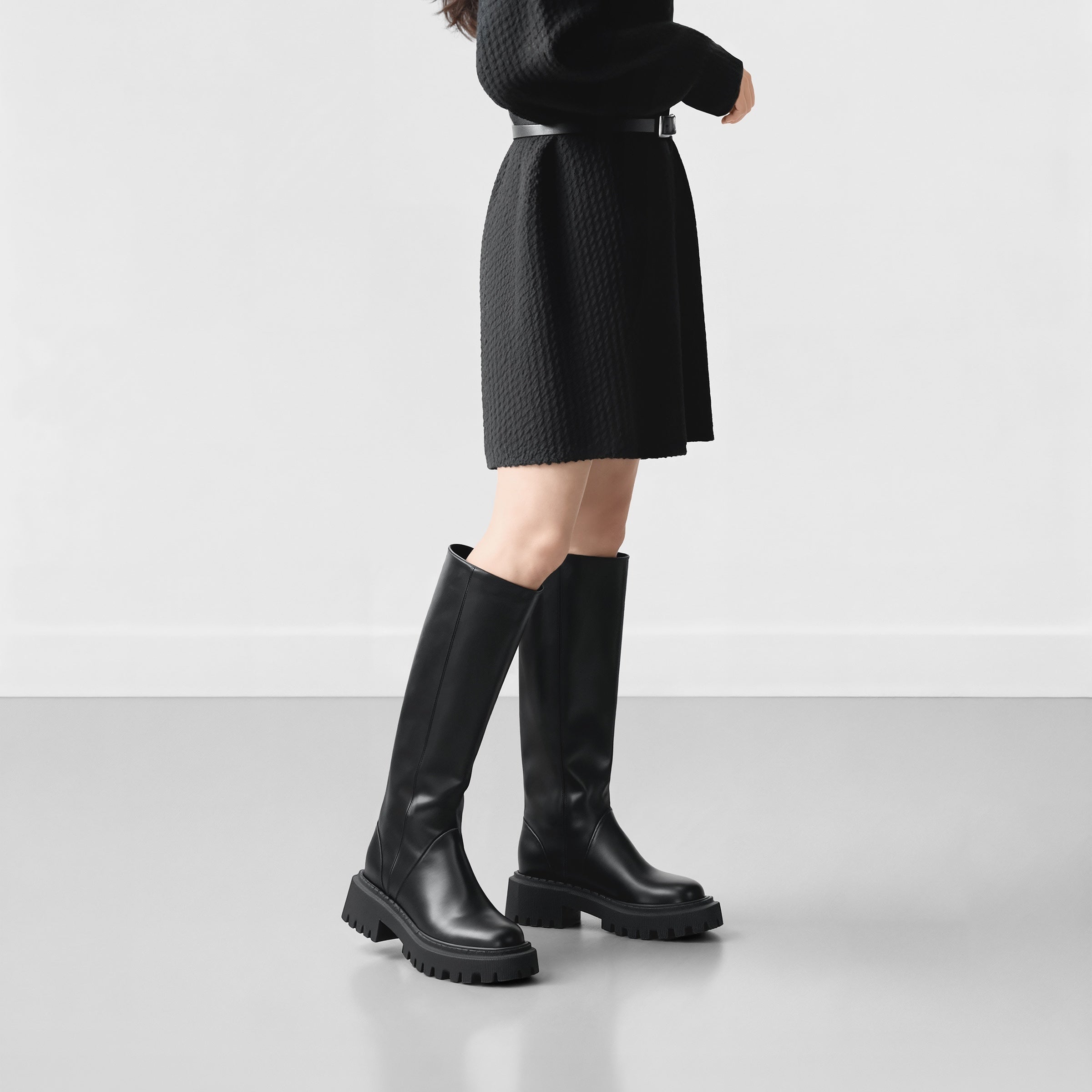 20%OFF：2025AW：ラウンドトゥ ロングブーツ（m100013）ブラック