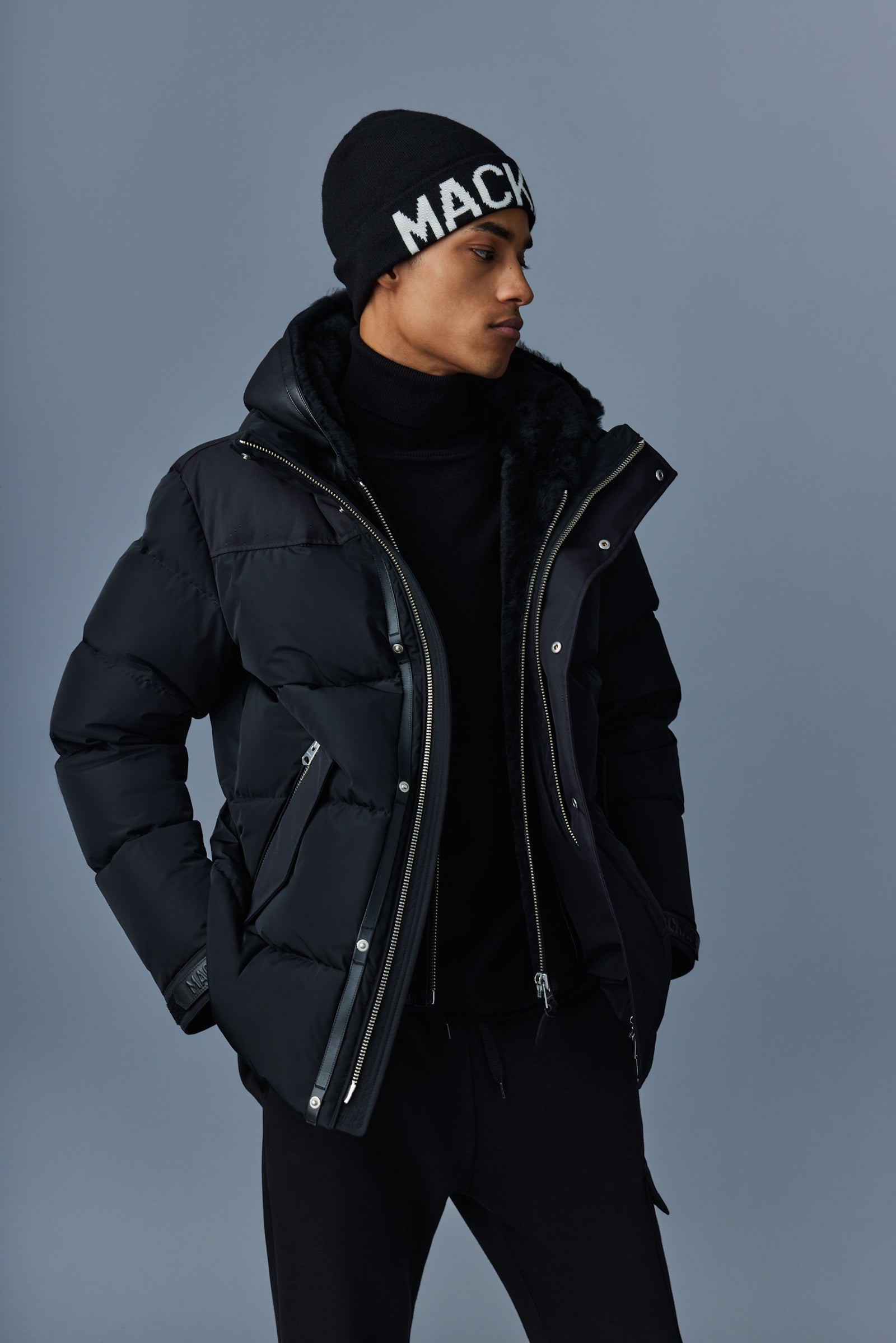 Riley, Classic down jacket with removable shearling bib for men