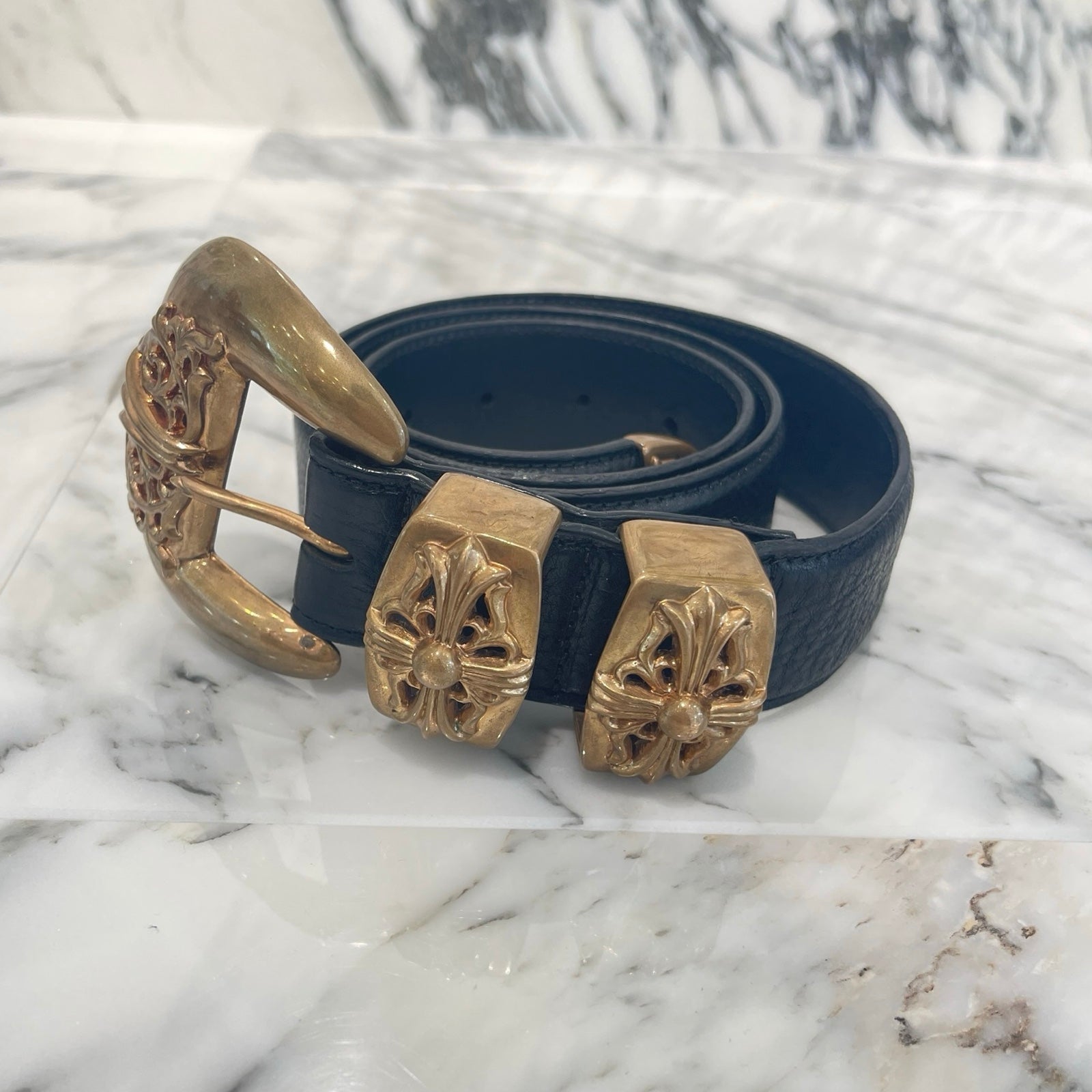 CHROME HEARTS 4PC Classic Bronze Leather Belt Size 36 クロムハーツ