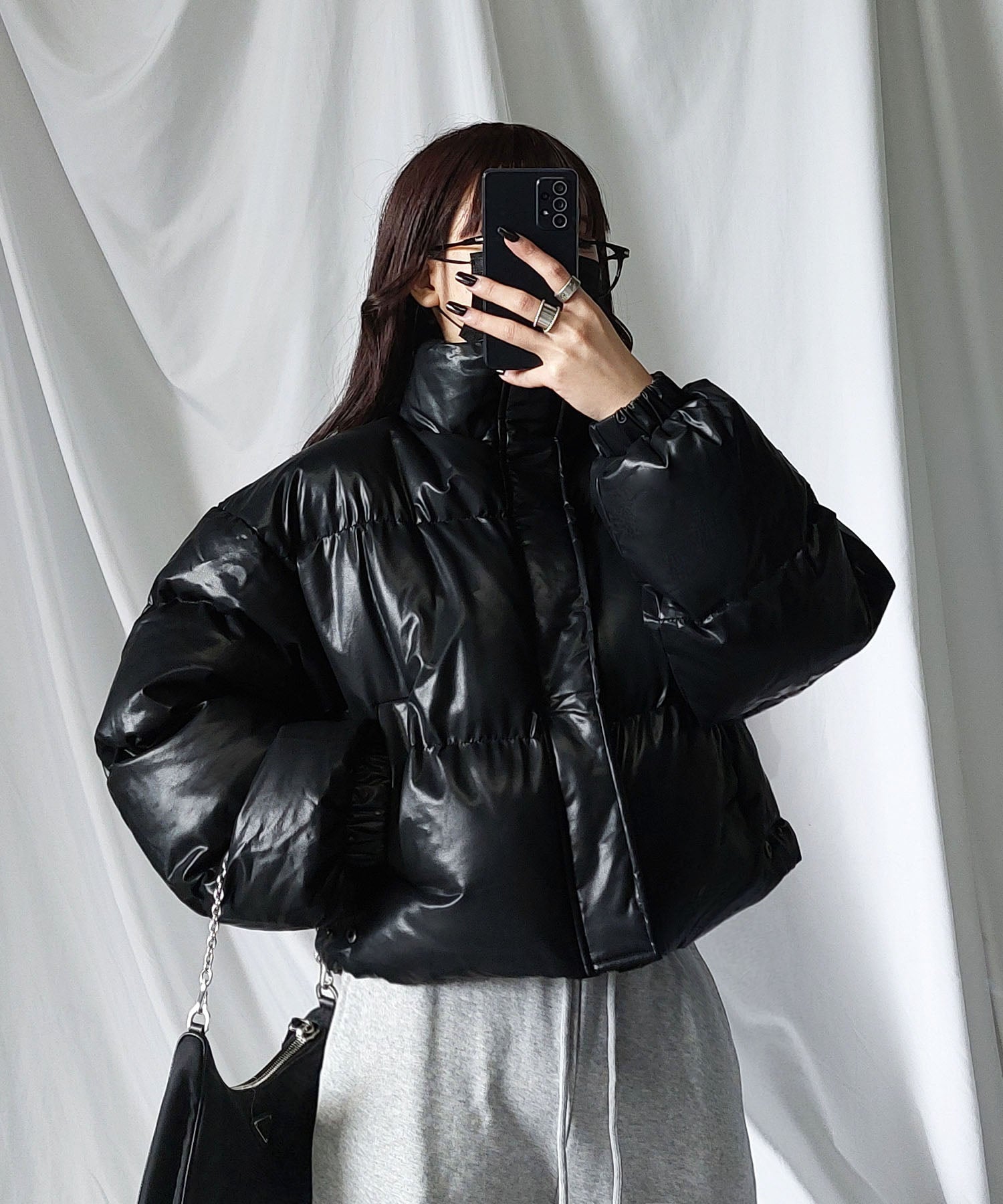 裾絞り可能2way 】フェイクレザーショートパファーダウンジャケット
