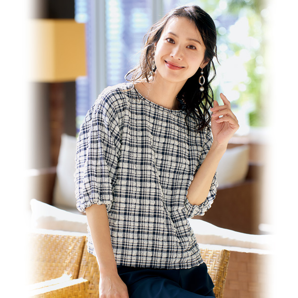 サッカー素材チェック柄ブラウス | 京都通販ミセスのファッション館・本店
