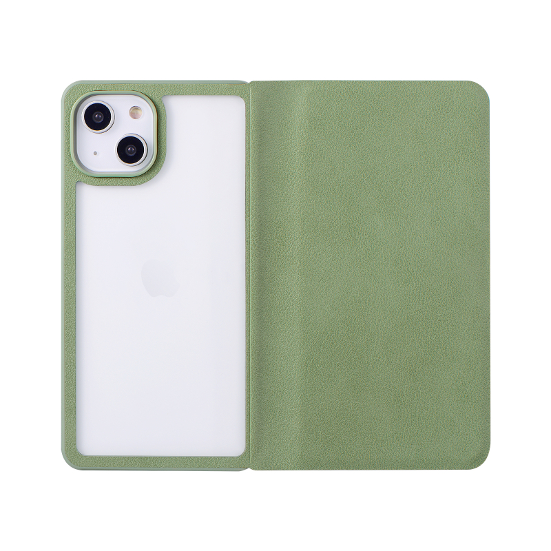 iPhone 14/13 軽量・背面クリアフラップケース 「Amake」 カーキ