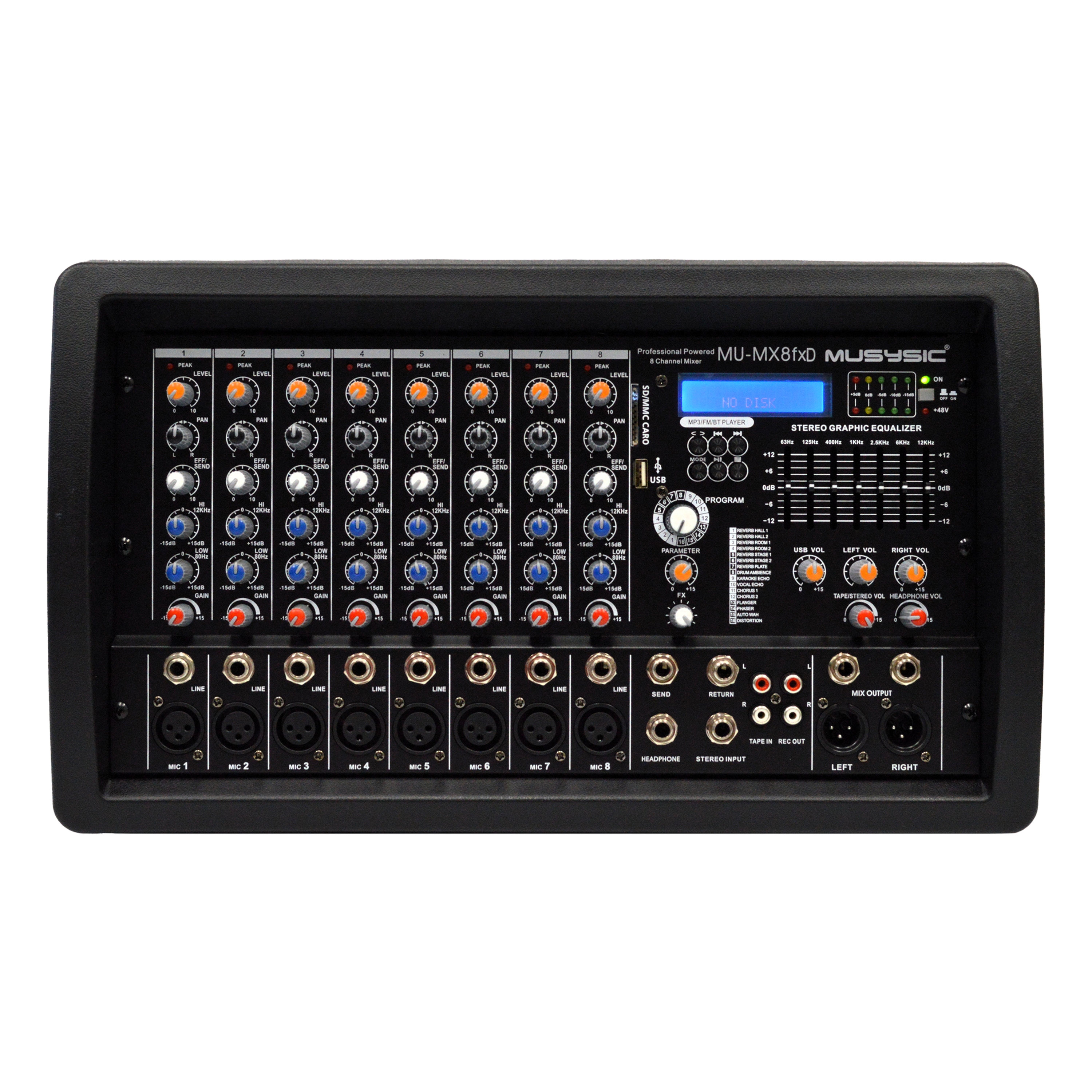 MUSYSIC MU‑MX8fxD 8‑Channel Powered Mixer with DSP Effects & EQ