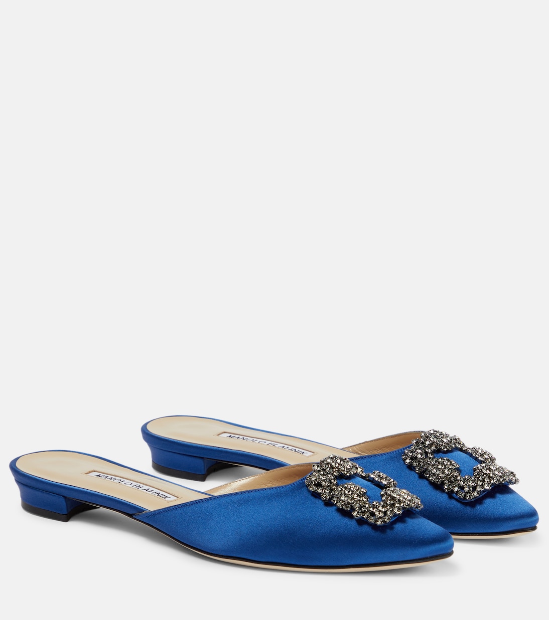 Hangisimuflat embellished satin mules in blue - Manolo Blahnik