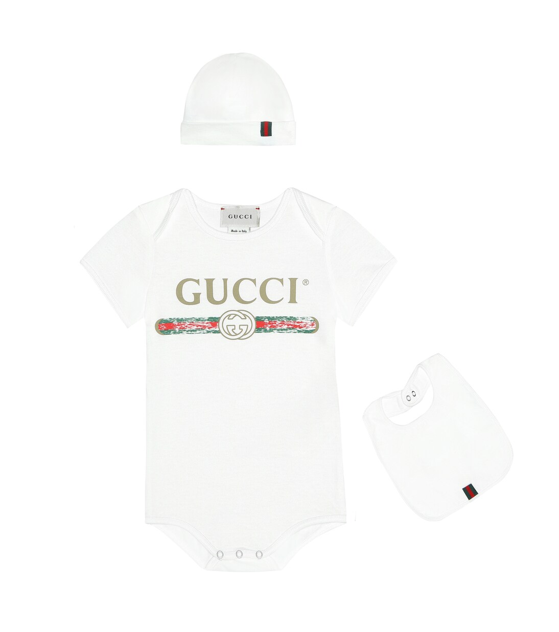 Cotton bodysuit, bib and hat set in white - Gucci Kids | Mytheresa
