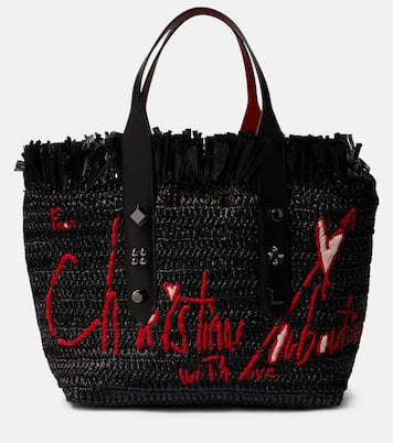 Frangibus Medium embroidered raffia tote bag in black - Christian