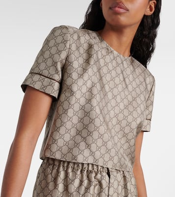 GG printed silk twill crop top in brown - Gucci | Mytheresa