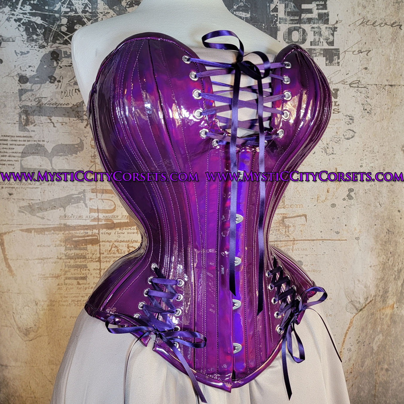 MCC30S Purple PVC Overbust Corset Plunge with hip ties
