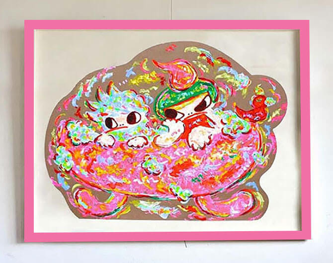 手描き ロッカクアヤコ ダンボール 特大アート作品 額装済み 模写