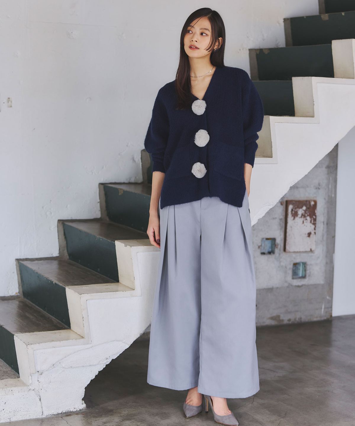 フロントぽんぽんファーロングカーディガン