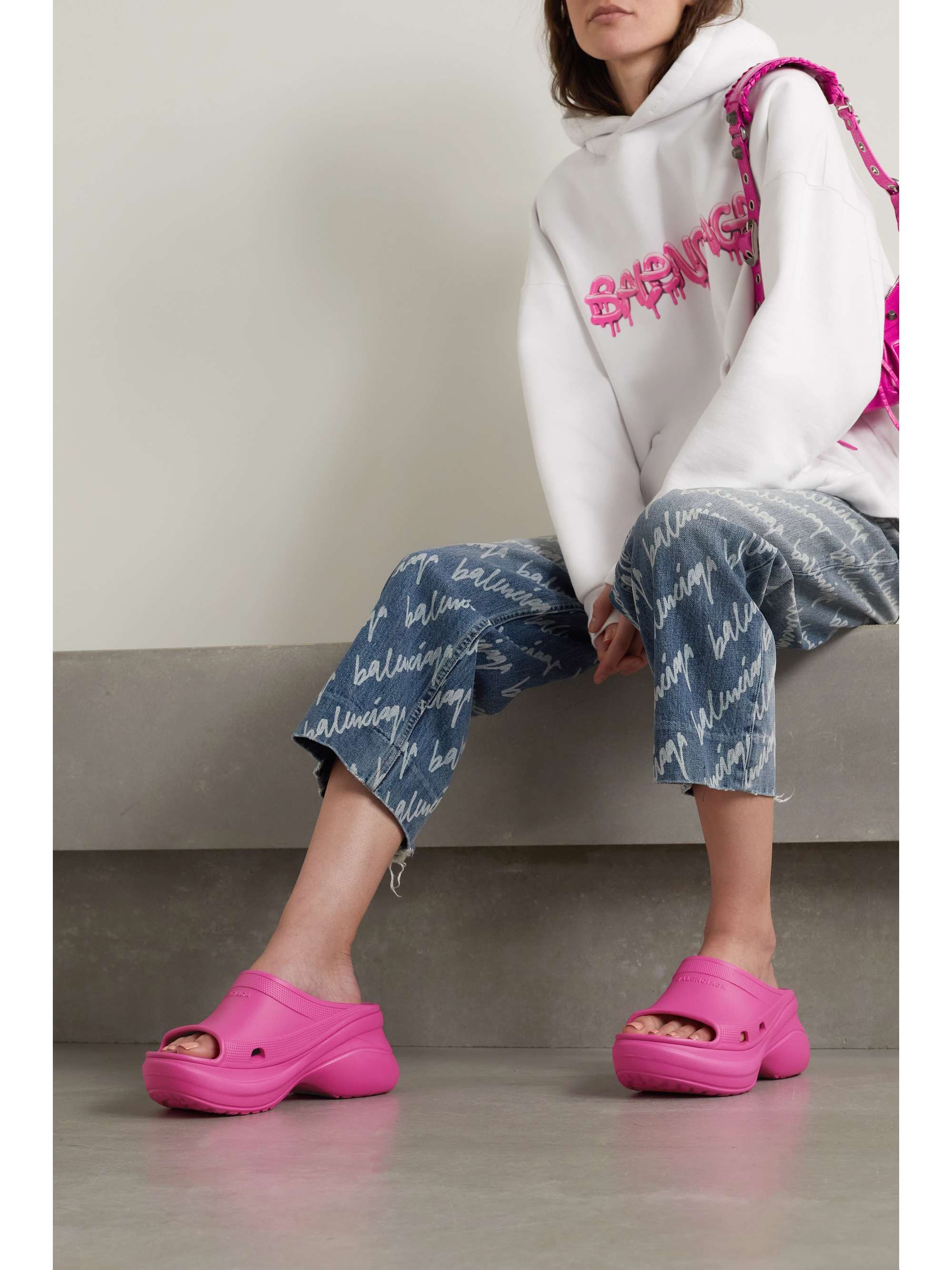Pink + Crocs Pool perforated neon rubber slides | BALENCIAGA | NET
