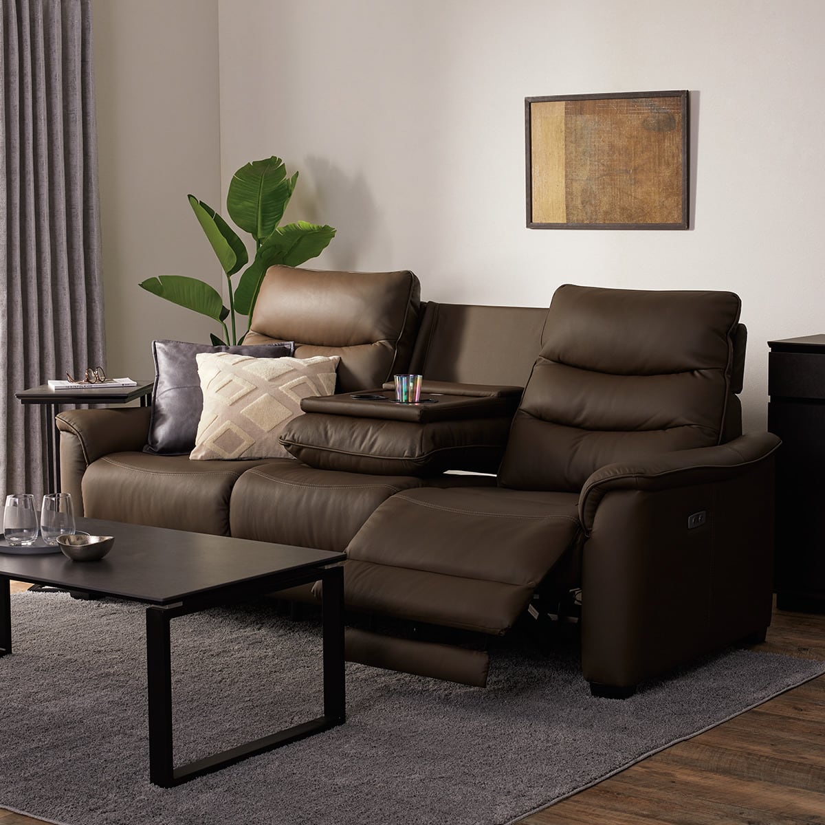 3人掛け電動リクライニングソファ テーブル付き 本革(一部合成皮革