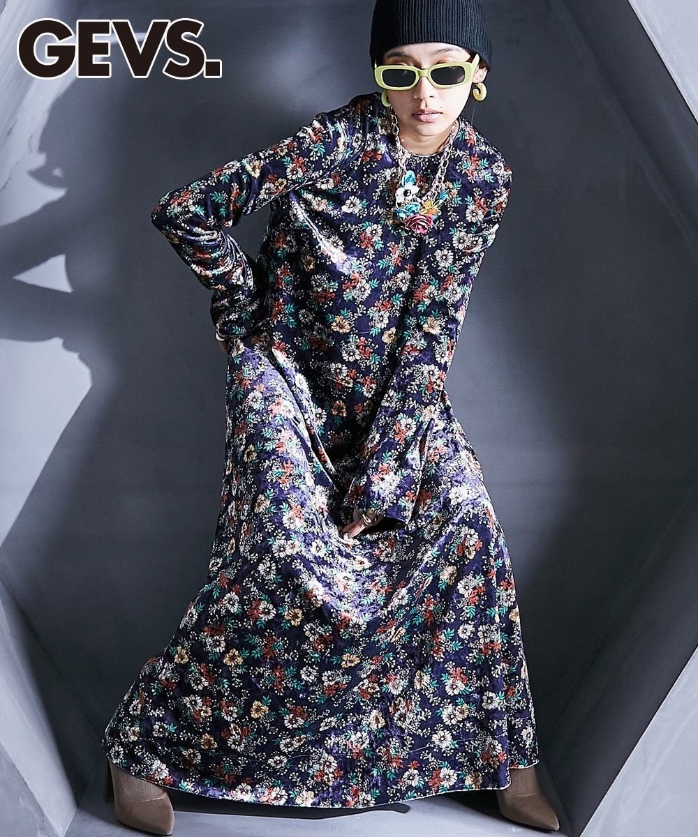 フラワープリントベロアマキシワンピース＜大きいサイズ有＞GEVS. 通販