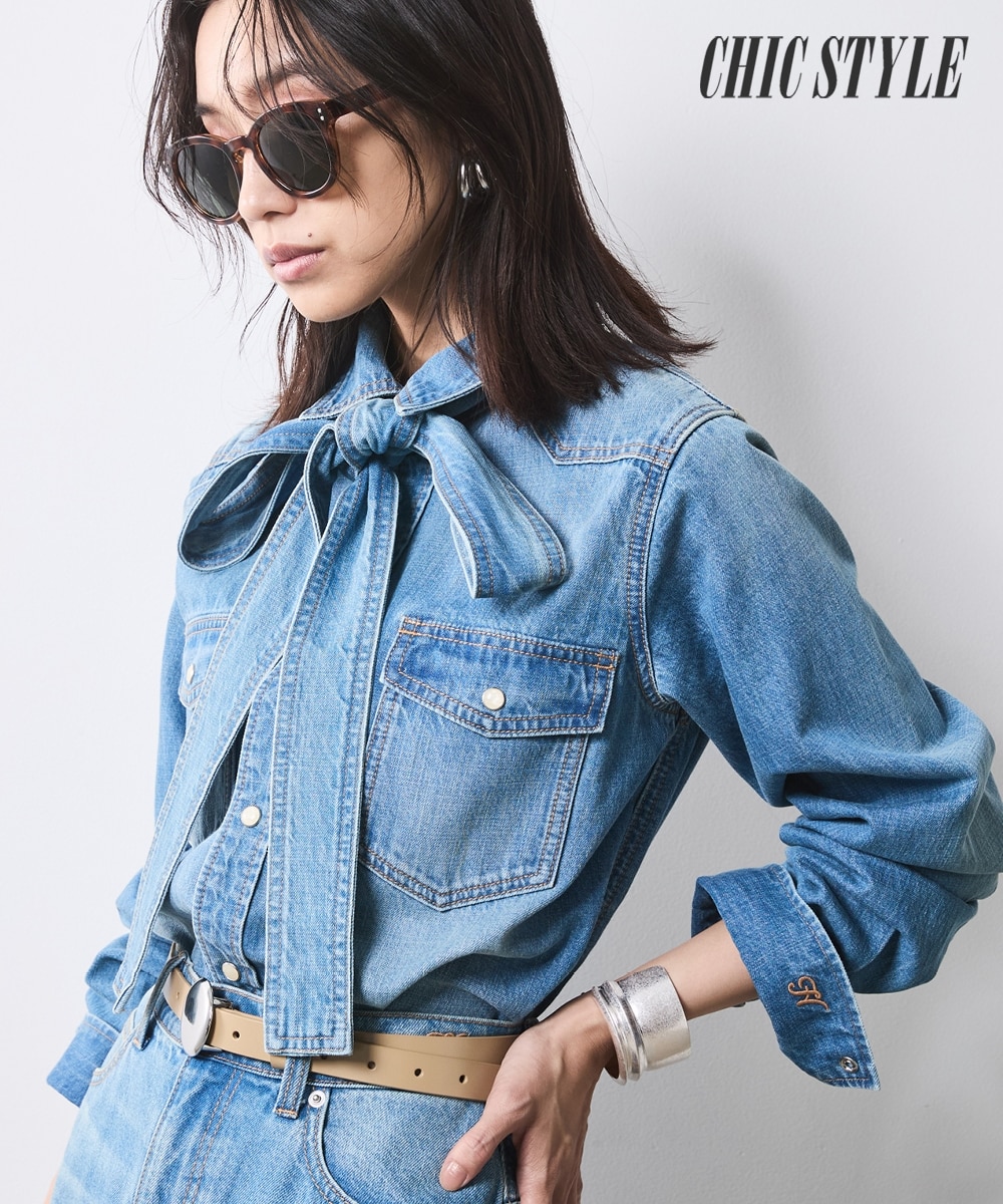 綿100％ライトオンスデニムリボンタイ付シャツ＜大きいサイズ有