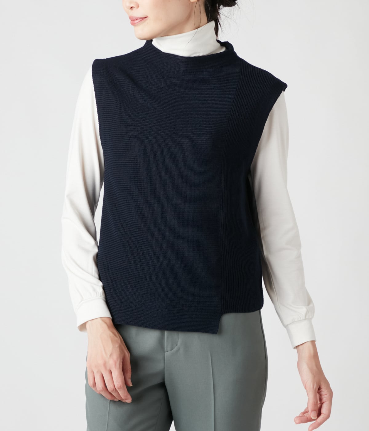 手洗い可能】ポリアクリルナイロンウール 肩畦アシンメトリーベスト