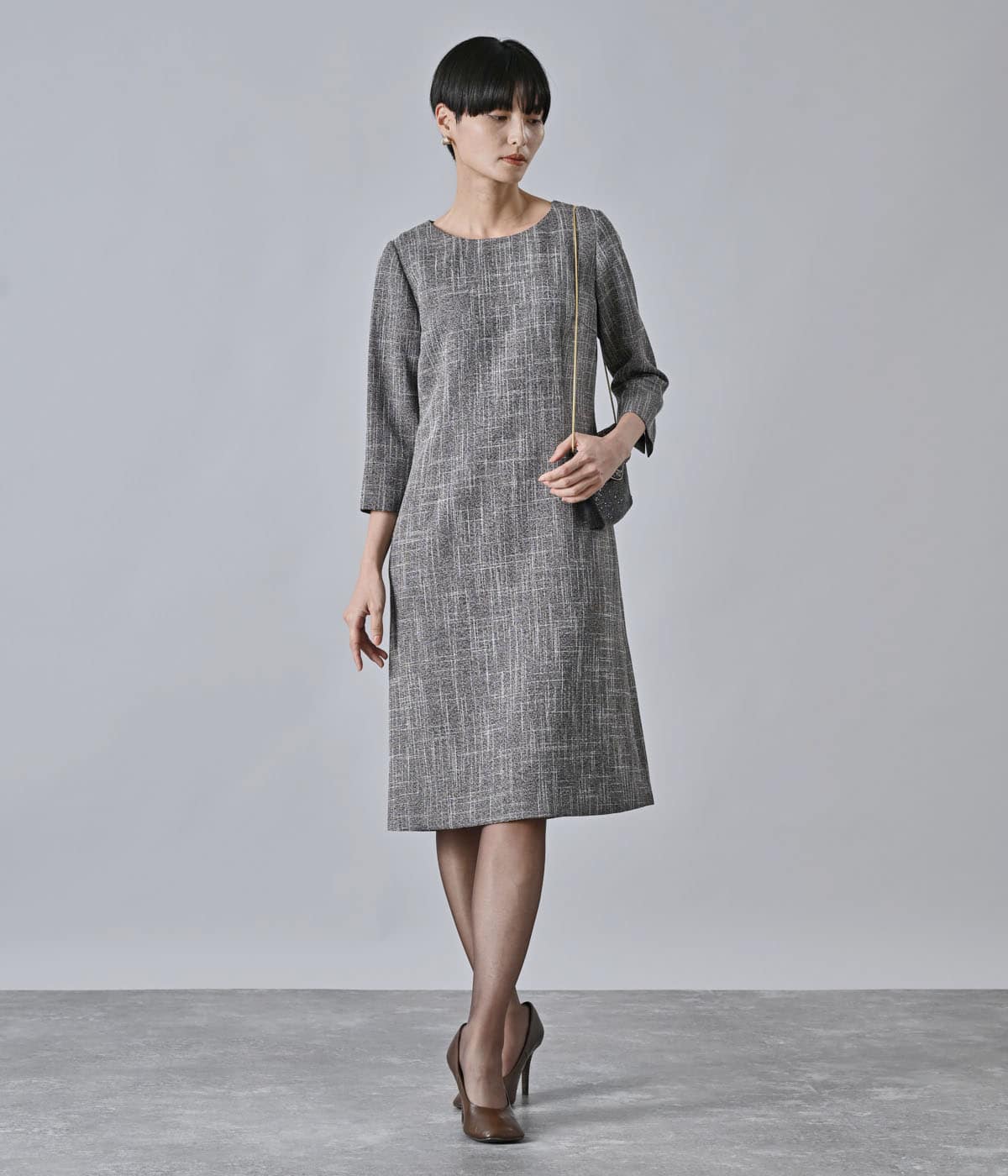 チャンキーツィード 7分袖Aラインワンピース(26426503-2025