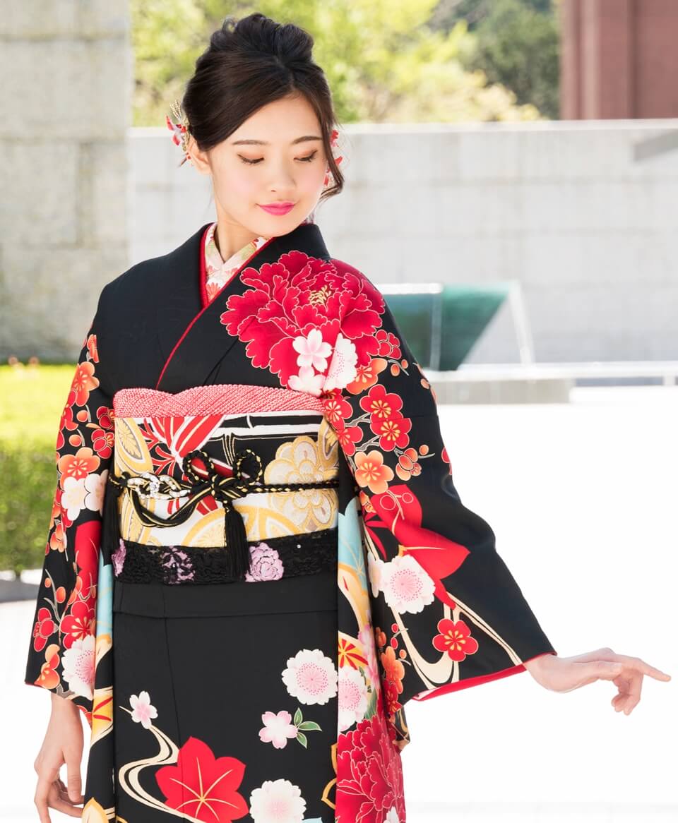 黒地流水に花車[FFR628] | 成人式振袖レンタル京都さがの館