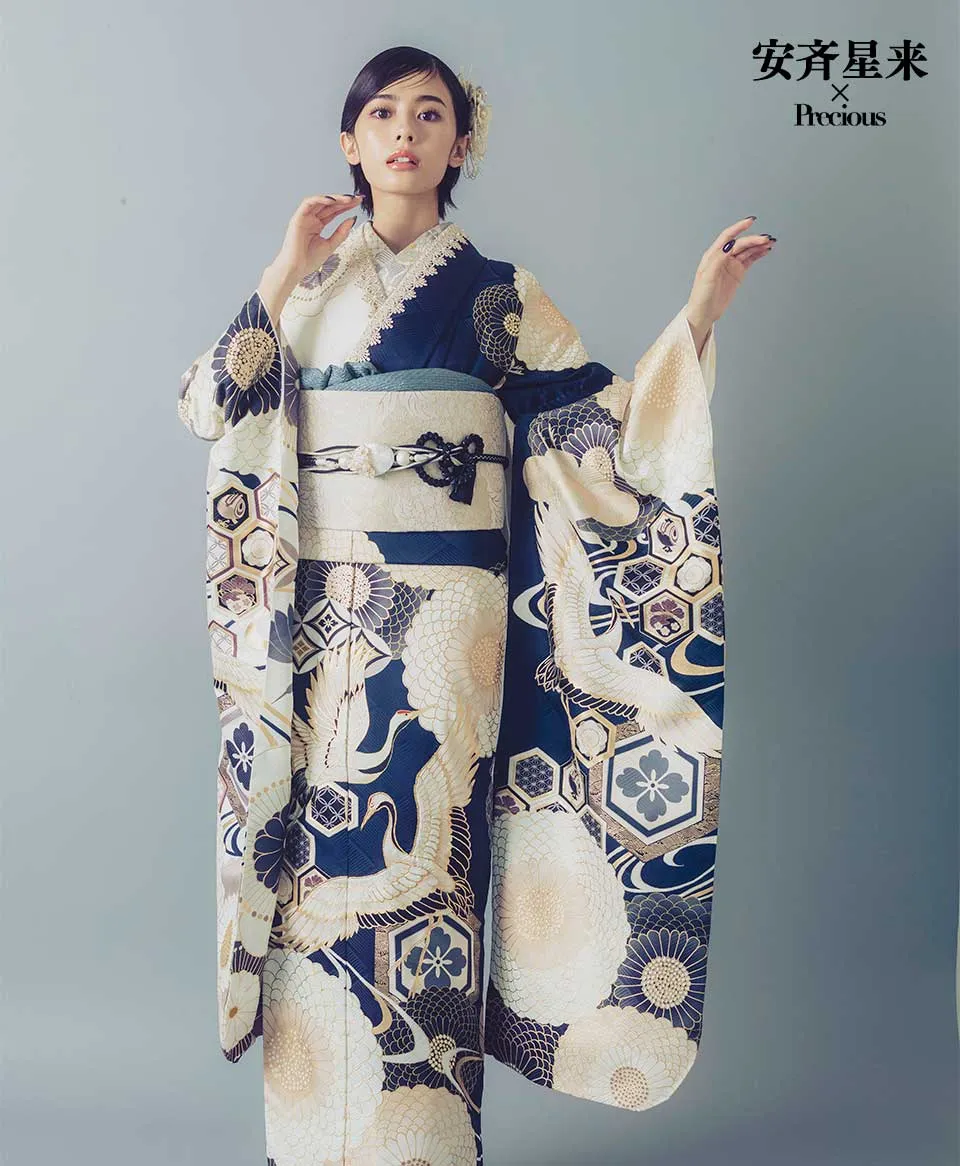 紺地白丸菊亀甲に鶴[FR5026] | 成人式振袖レンタル京都さがの館