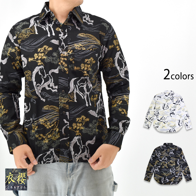 長袖レギュラーカラーシャツ「金彩墨絵馬」 衣櫻 SA-1726 和柄 和風