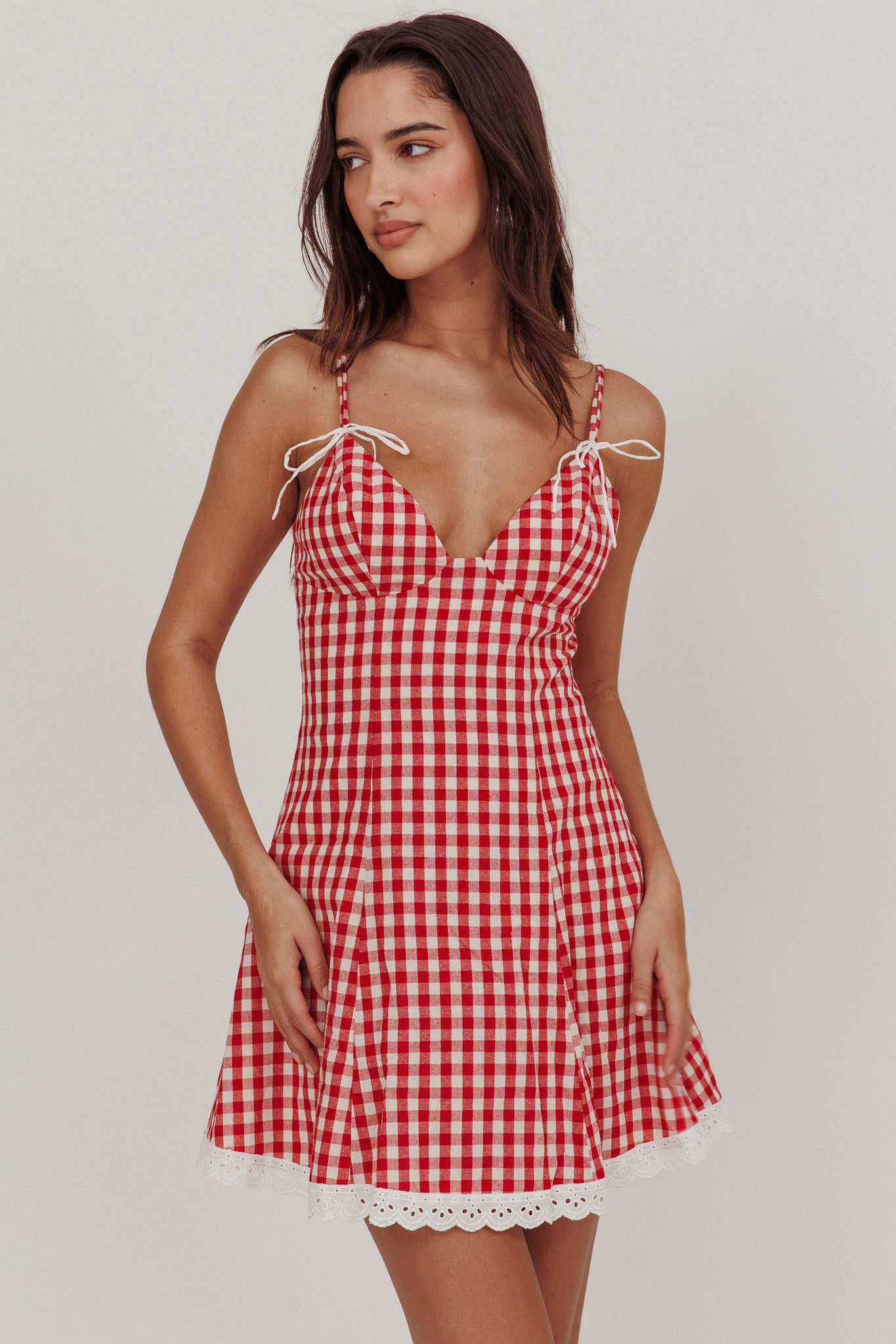 Shop the Noelle Lace Trim Mini Dress Gingham Red