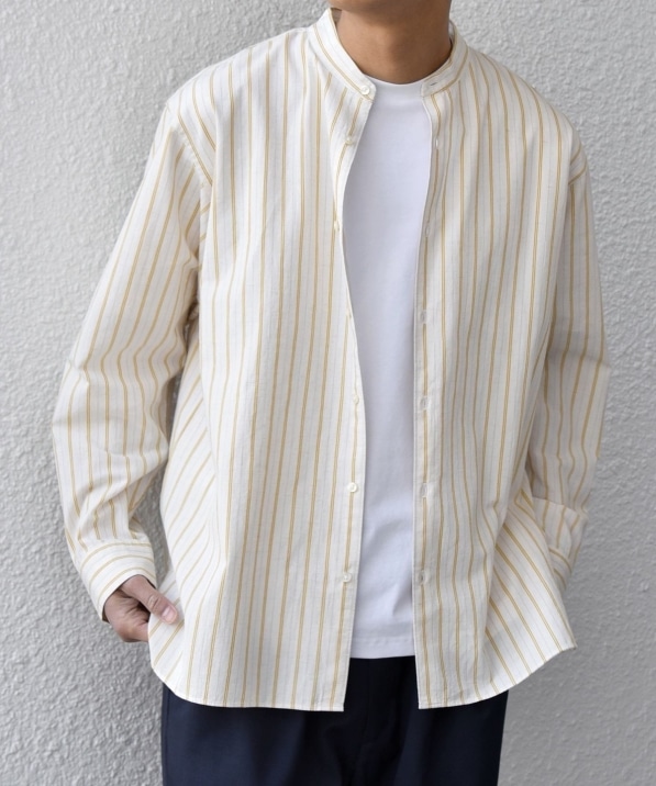 SHIPS any:〈洗濯機可能〉コットン/リネン ストライプ バンドカラー