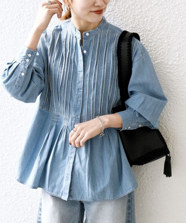WEB限定】SHIPS any:〈洗濯機可能〉デニム シーム バンドカラー シャツ