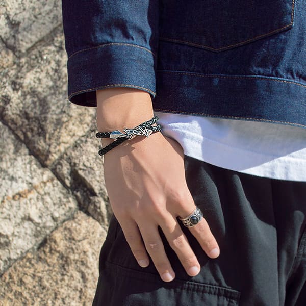 編革レザーブレスレット（ブラック）×シルバー [DB-117]