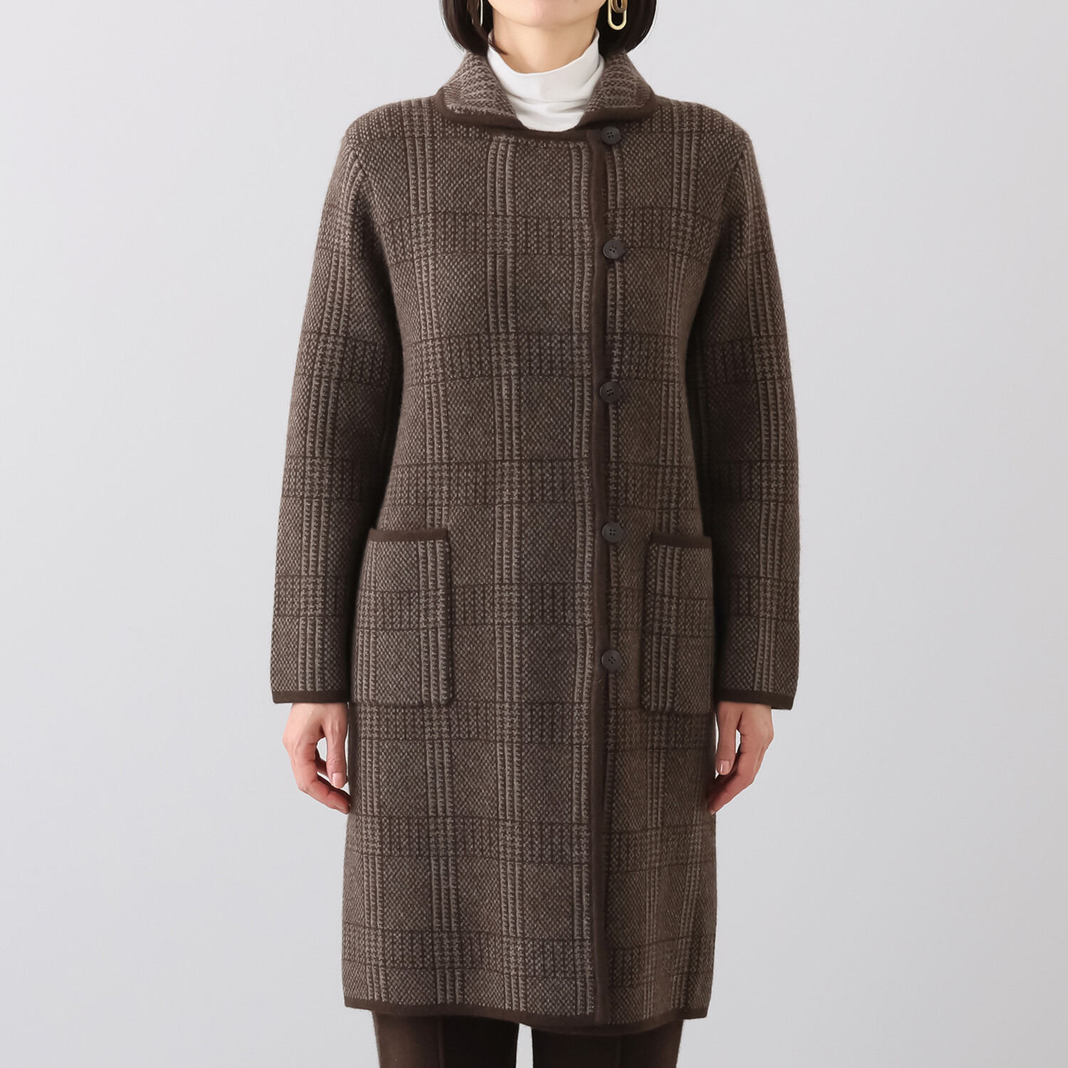 ネイチャーズ 無染色ヤク グレンチェック柄 ジャガードニットコート