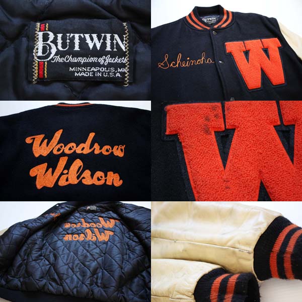 80s BUTWINバトウィン チェーン刺繍 メルトン ウール 袖革スタジャン