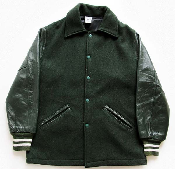 70s KAYE BROS メルトン ウール ロング 袖革スタジャン 深緑 36