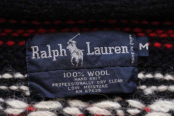 80s ラルフローレン ネイティブ柄 ショールカラー ウール ハンドニット