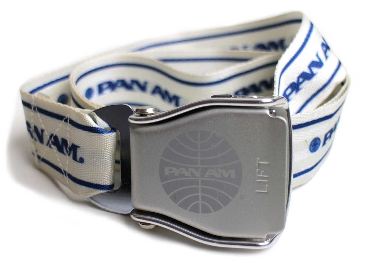 USA製 PAN AM ロゴ AMSAFE シートベルト型 バックル ベルト 白×青