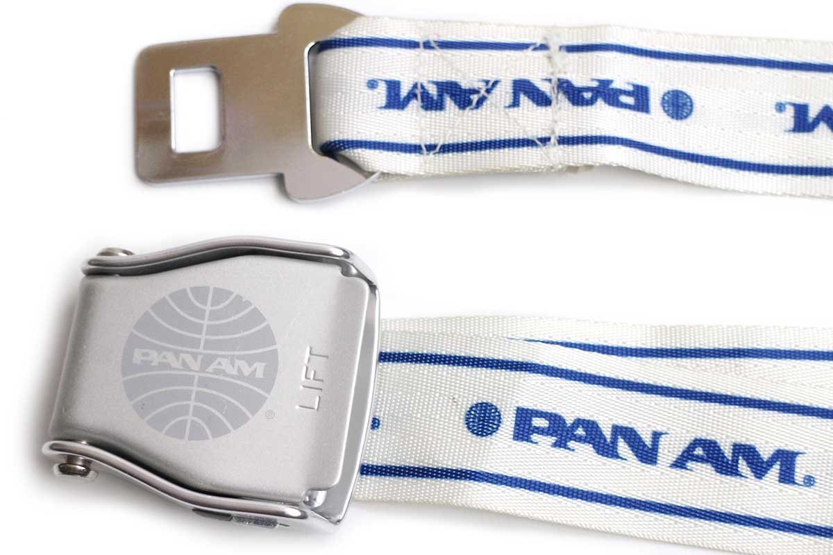 USA製 PAN AM ロゴ AMSAFE シートベルト型 バックル ベルト 白×青