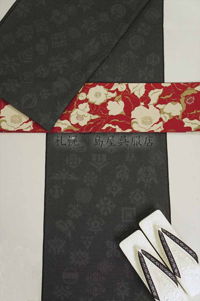 半幅帯：本場筑前博多織 福岡県知事賞受賞柄 リバーシブル 椿