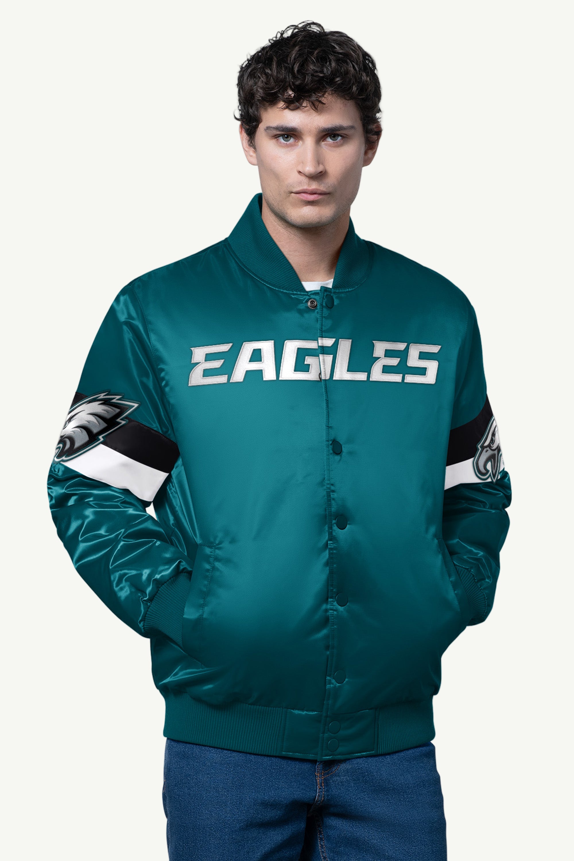 Mens Philadelphia Eagles Triple Option Satin Varsity Jacket | NFL