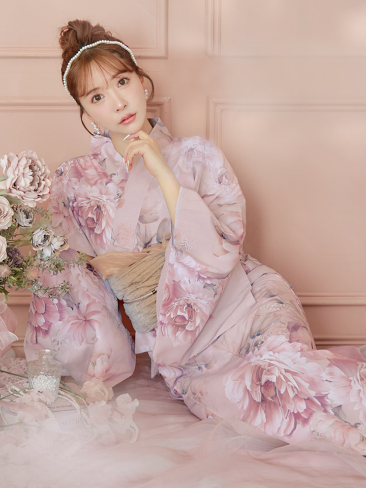 即日発送】くすみピンクアンティークフラワー浴衣【浴衣3点セット