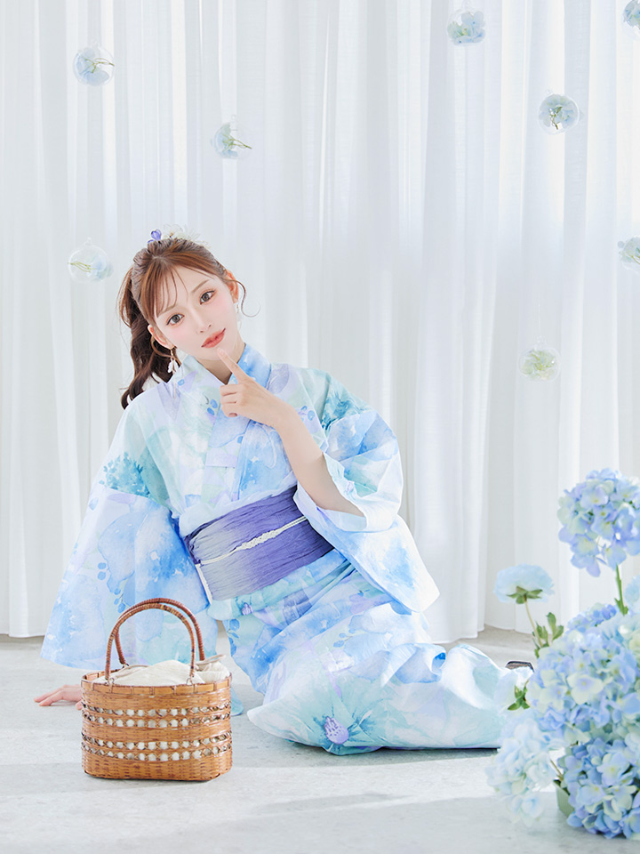 即日発送】ブルーミントの水彩浴衣【浴衣3点セット 浴衣/帯/下駄