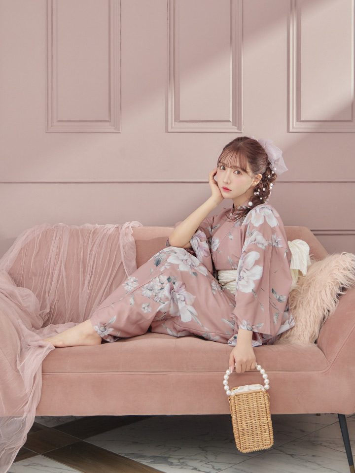 即日発送】大人スウィート/くすみピンク椿浴衣【浴衣3点セット 浴衣