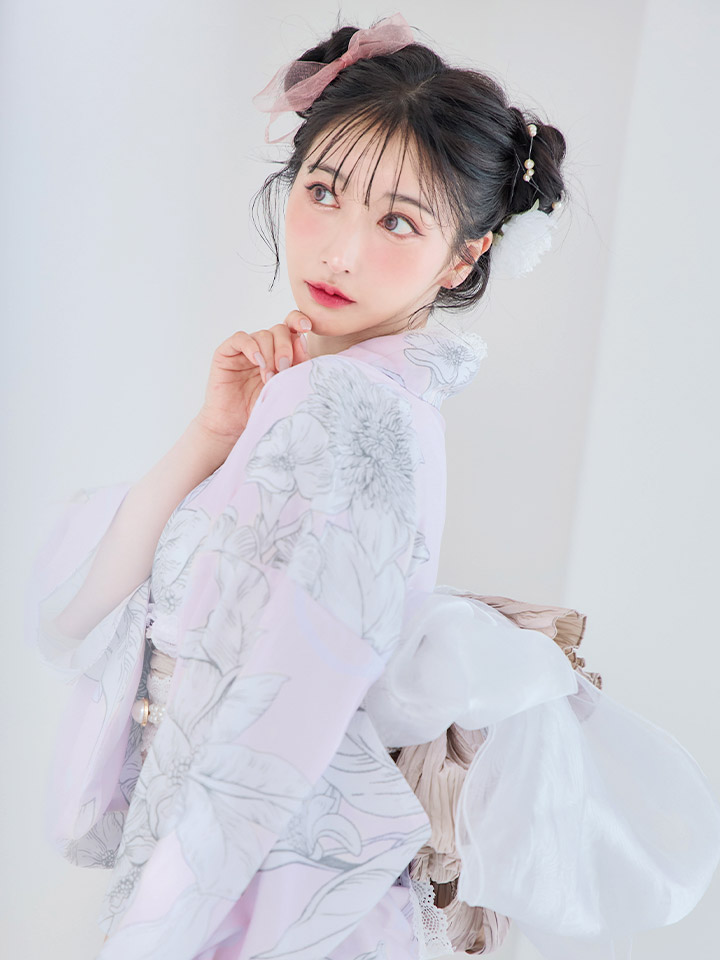 即日発送！】Riuコラボ ライトピンクx百合リボン浴衣【浴衣3点セット
