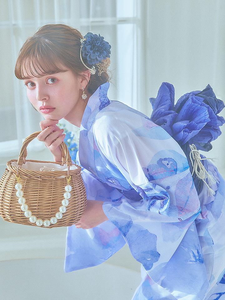 即日発送】水彩フラワーブルー浴衣【浴衣3点セット 浴衣/帯/下駄