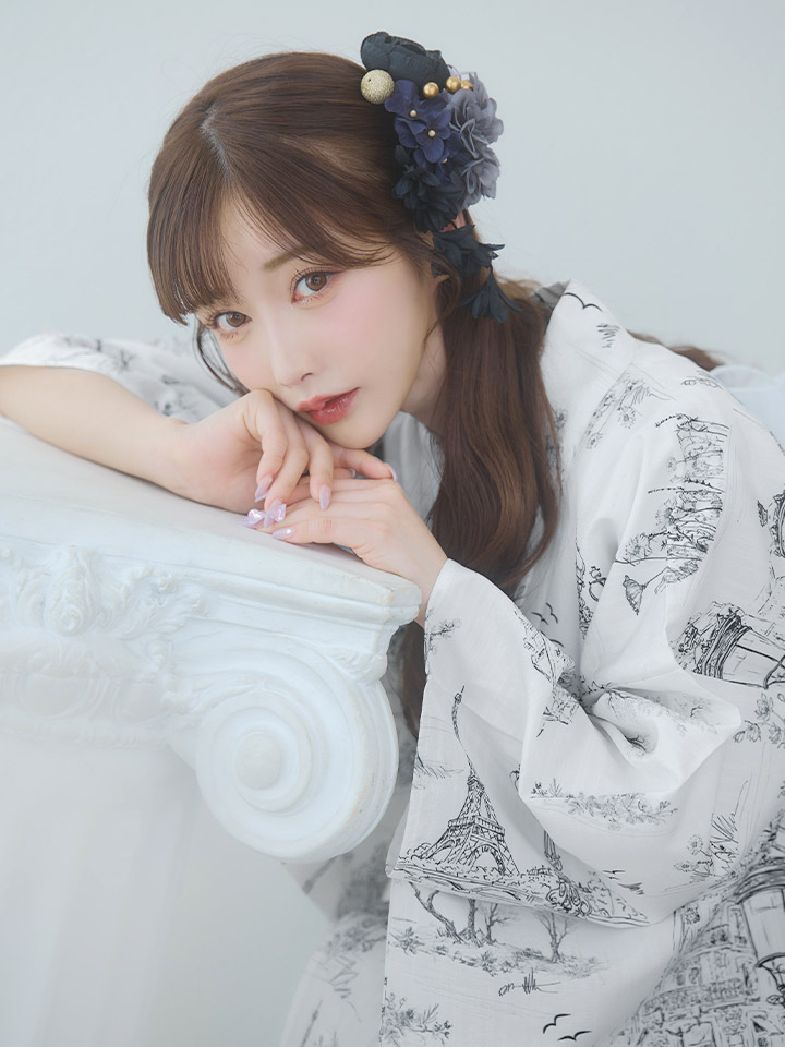 即日発送】【Riuコラボ】白地×パリの街浴衣【浴衣3点セット 浴衣/帯