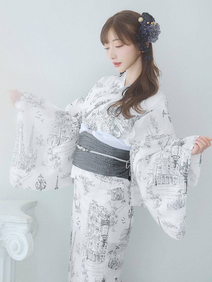 即日発送】【Riuコラボ】白地×パリの街浴衣【浴衣3点セット 浴衣/帯