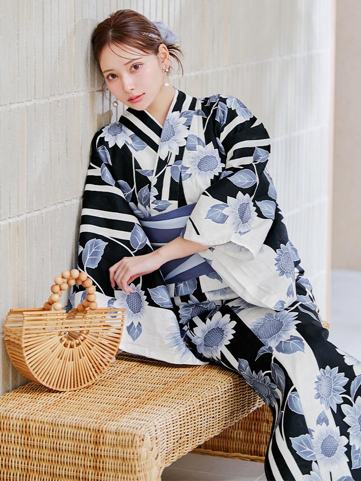即日発送】濃淡碧向日葵ストライプ浴衣 【浴衣3点セット 浴衣/帯/下駄